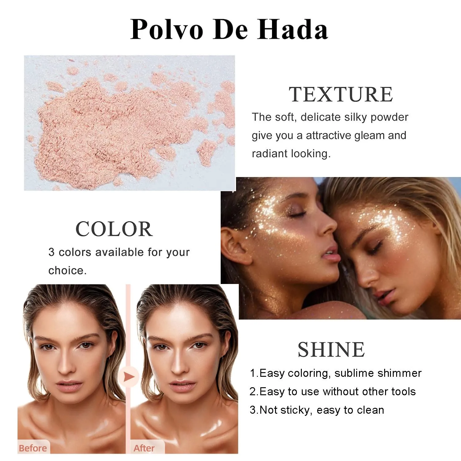 2 Color Polvo De Magic Hadas Highlighter Makeup, Body Glitter Brightens the Natural Face Blusher Patting Powder Fairy Shimmer Body Highlighter Powder Polvo De Magic Hadas (1 Pearl White & 1 Nude Pink)