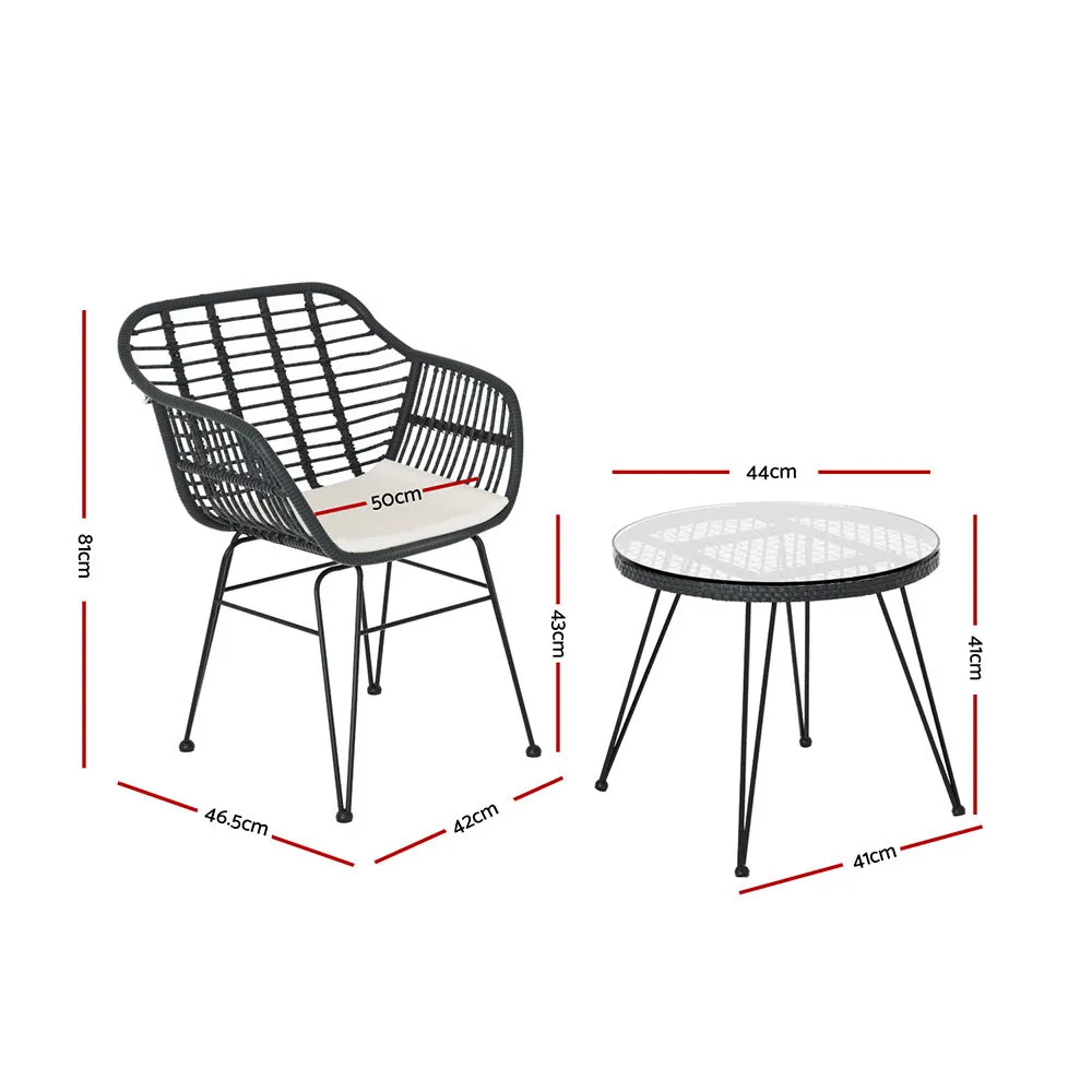 3PC Outdoor Furniture Bistro Set | Lounge Setting | Table Chairs | Cushion Patio | Grey