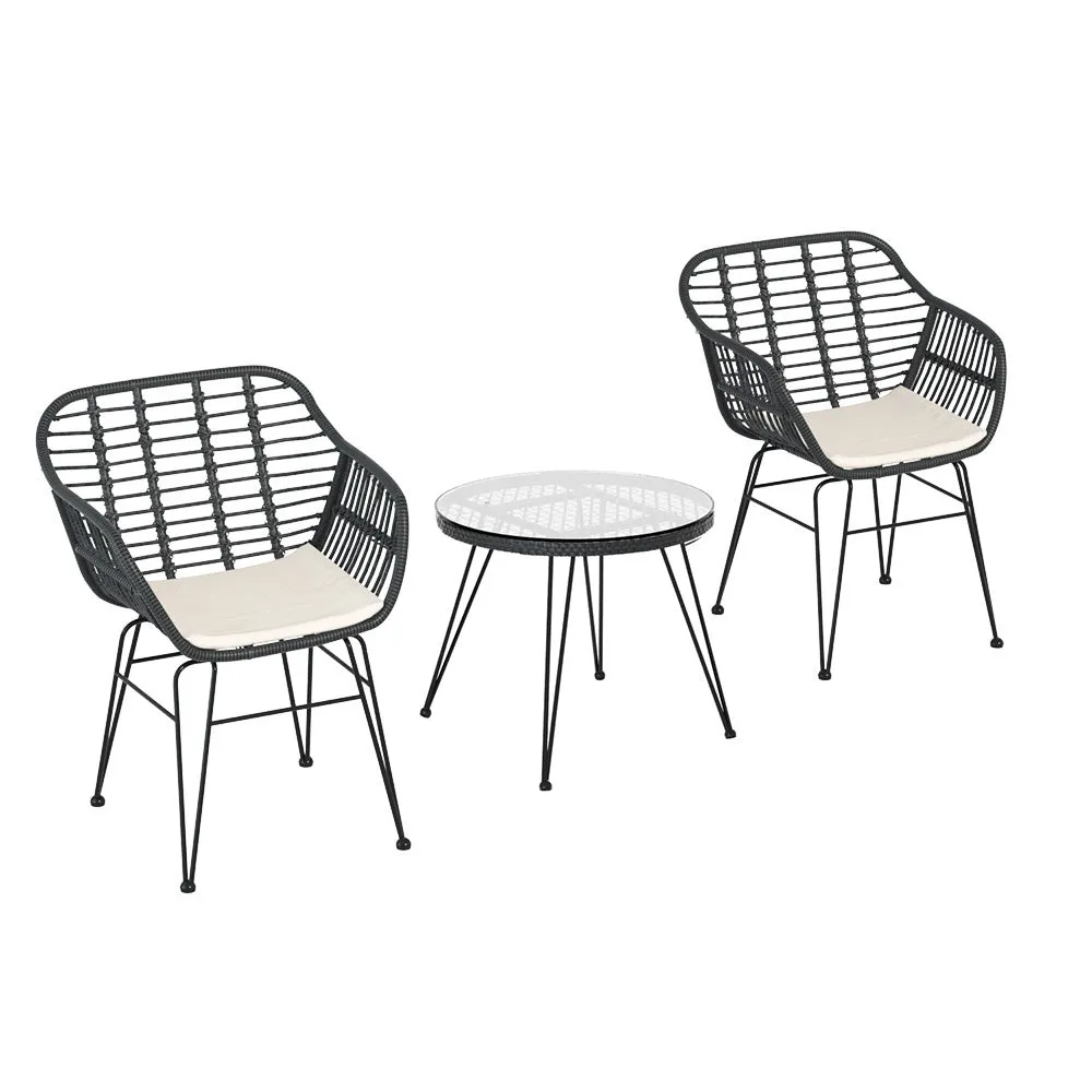 3PC Outdoor Furniture Bistro Set | Lounge Setting | Table Chairs | Cushion Patio | Grey