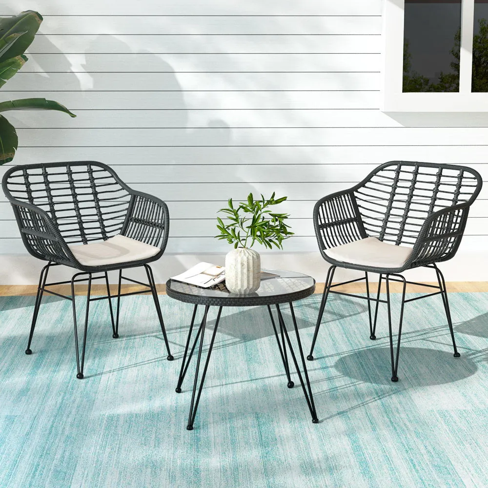 3PC Outdoor Furniture Bistro Set | Lounge Setting | Table Chairs | Cushion Patio | Grey