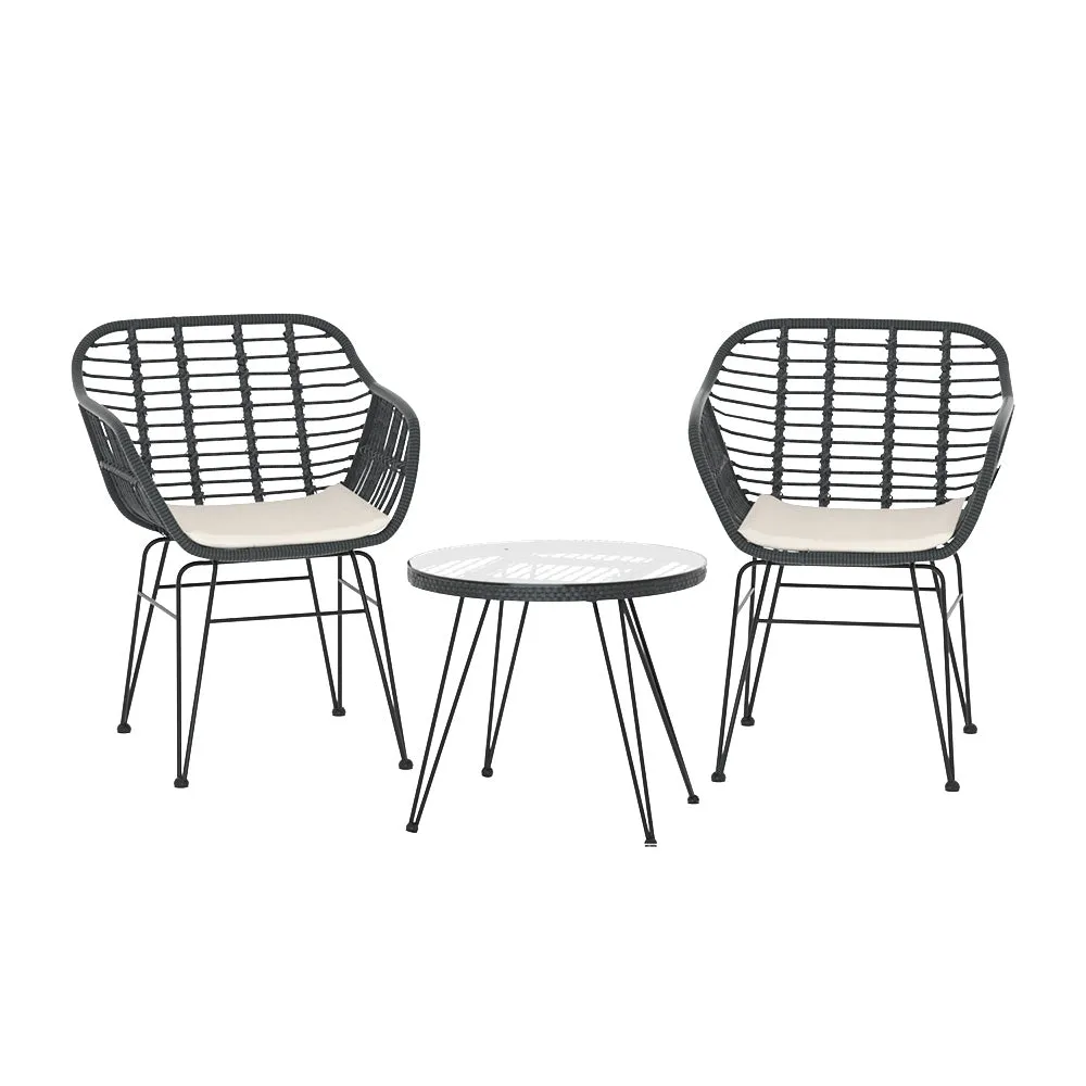 3PC Outdoor Furniture Bistro Set | Lounge Setting | Table Chairs | Cushion Patio | Grey