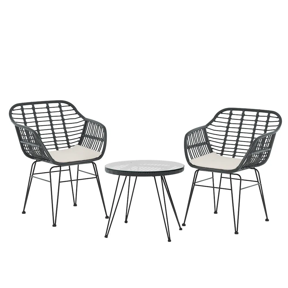 3PC Outdoor Furniture Bistro Set | Lounge Setting | Table Chairs | Cushion Patio | Grey