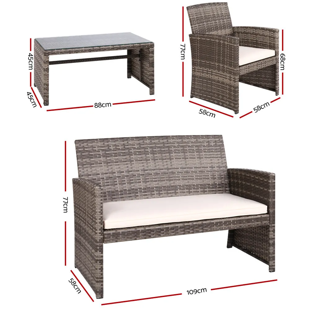 4PCS Outdoor Sofa Set | Rattan Chair Table Setting | Garden Furniture | Grey