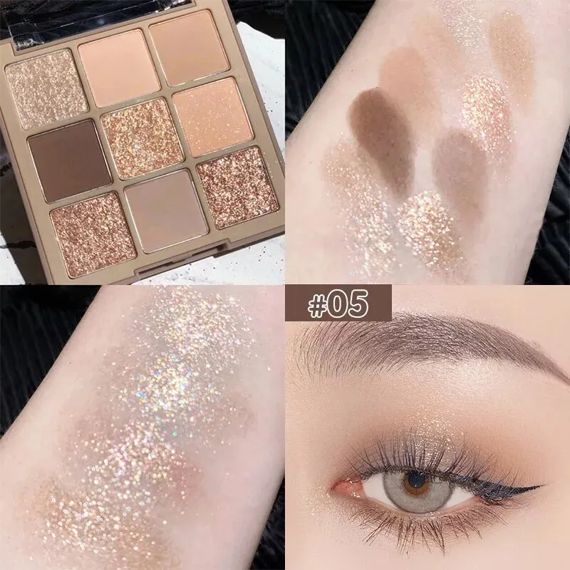 Flytonn- 9 Colors Matte Earth Color Eyeshadow Palette Waterproof Pearlescent Shiny Sequins Eye Shadow Pigments Long Lasting Eyes Makeup