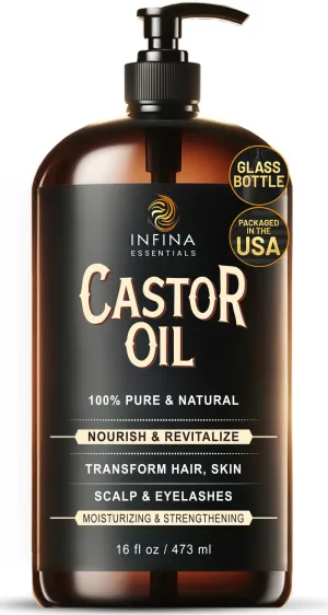 INFINA ESSENTIALS Pure Cold Pressed Castor Oil - Hexane Free, Glass Bottle 16 oz