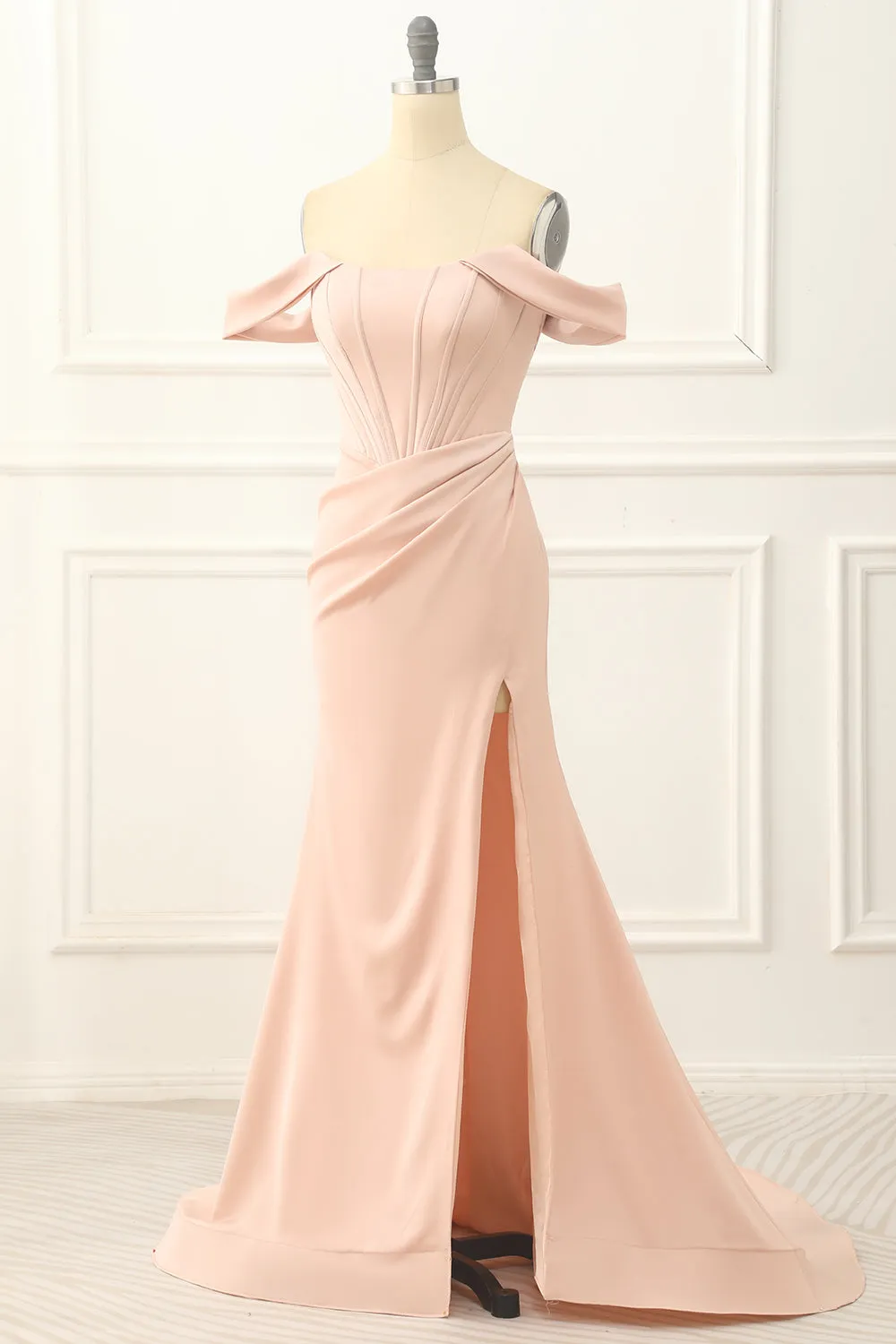 Luolandi Blush Off The Shoulder Mermaid Prom Dress With Slit Sexy Evening Dress