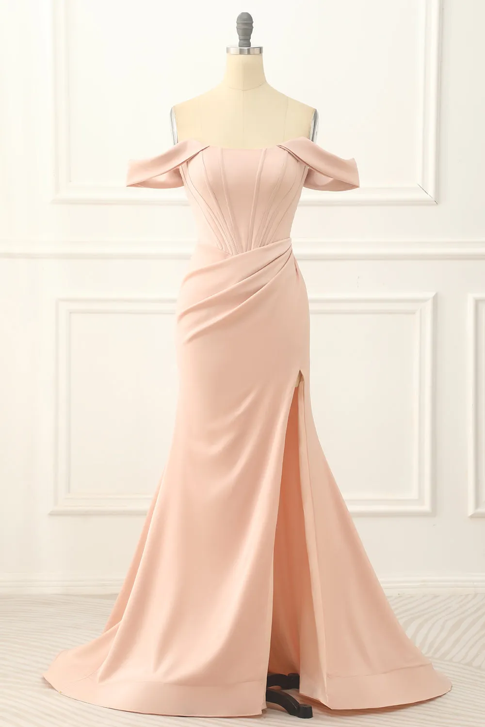 Luolandi Blush Off The Shoulder Mermaid Prom Dress With Slit Sexy Evening Dress