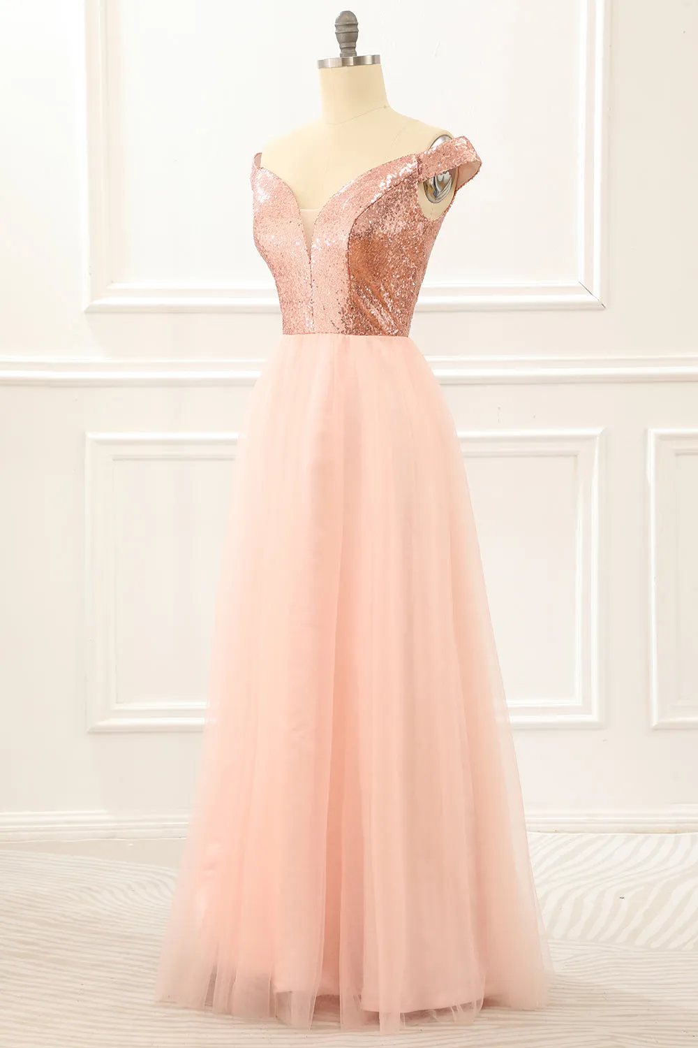 Luolandi Off The Shoulder Blush Sequins Prom Dress V-neck Sparkly Sexy