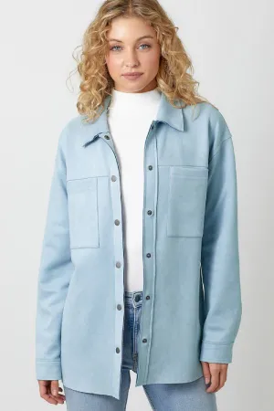 Mystree Powder Blue Suede Snap Button Down Shacket