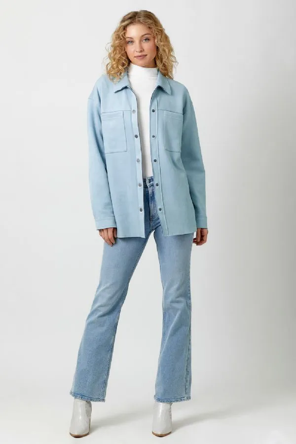 Mystree Powder Blue Suede Snap Button Down Shacket