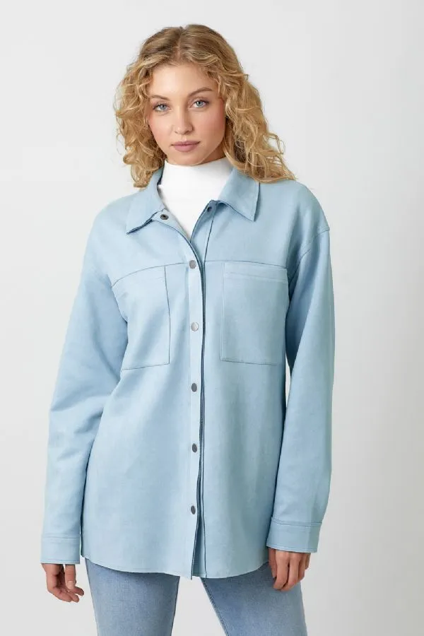 Mystree Powder Blue Suede Snap Button Down Shacket