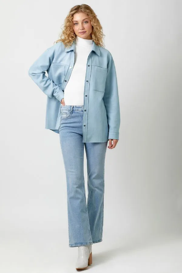 Mystree Powder Blue Suede Snap Button Down Shacket