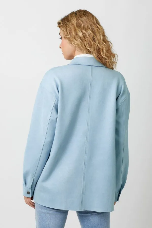 Mystree Powder Blue Suede Snap Button Down Shacket
