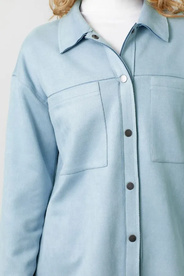 Mystree Powder Blue Suede Snap Button Down Shacket