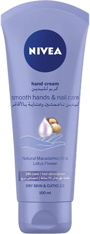 NIVEA Hand Cream Moisturising, Smooth Hands & Nail Care, Macadania Oil & Lotus Flower, 100ml