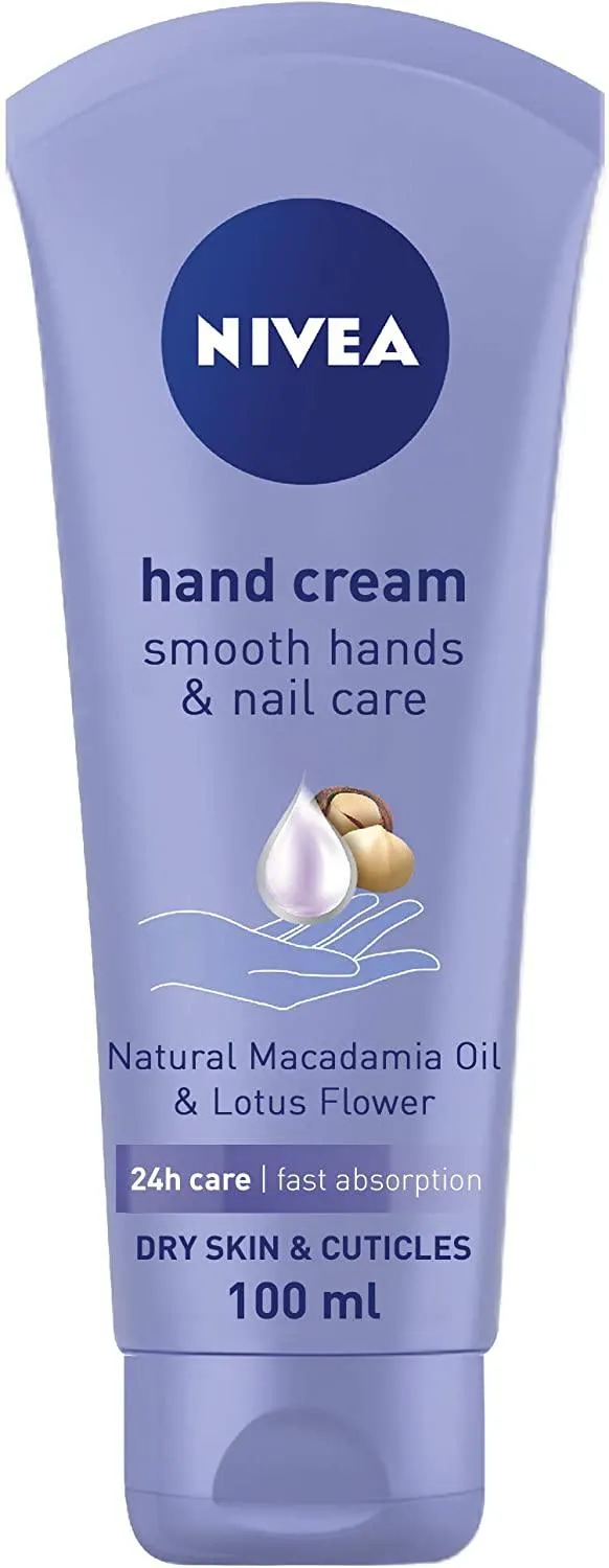 NIVEA Hand Cream Moisturising, Smooth Hands & Nail Care, Macadania Oil & Lotus Flower, 100ml