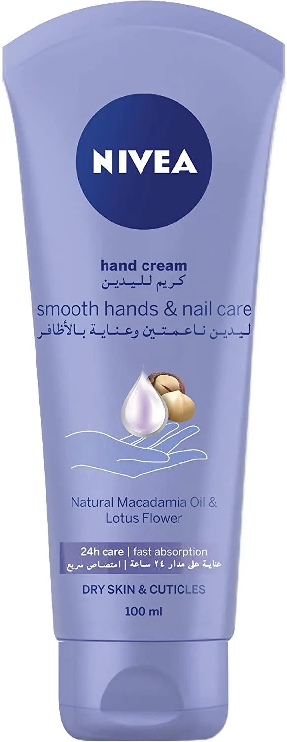 NIVEA Hand Cream Moisturising, Smooth Hands & Nail Care, Macadania Oil & Lotus Flower, 100ml