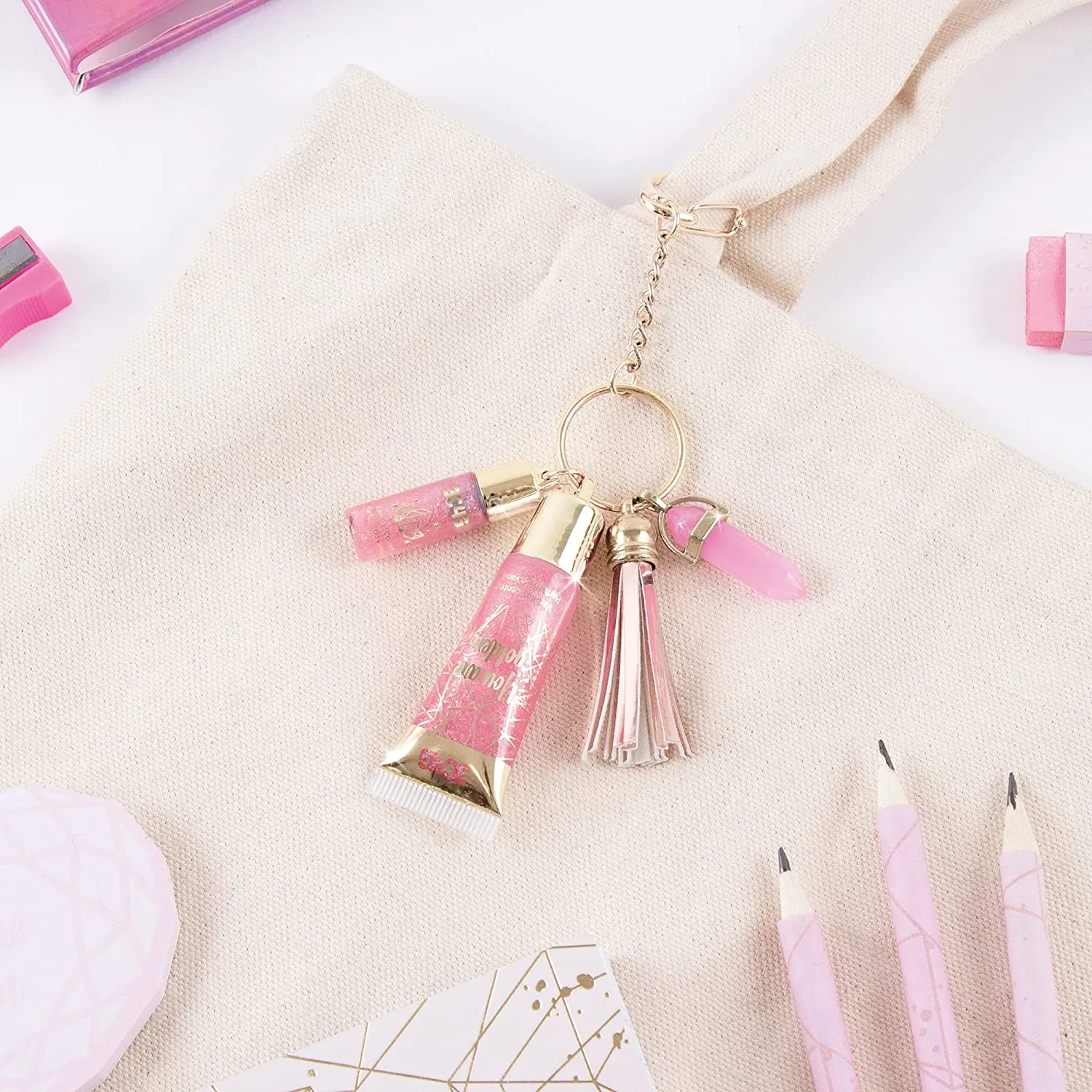 Three Cheers for Girls - Pink and Gold Keychain Lip Gloss - Lip Gloss Keychain for Girls with Two Pink Tinted, Vanilla Flavored Glosses